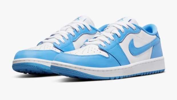 Blue and white Jordan golf shoes.